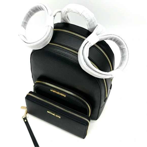 Michael Kors Medium Jaycee Backpack & Large Continental Wallet Black/Gold - Picture 11 of 14